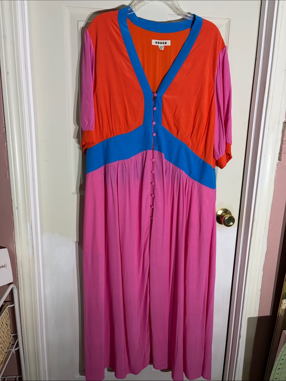 Boden Colorblock Button-Front Maxi Dress in Orange, Pink & Blue Trim
